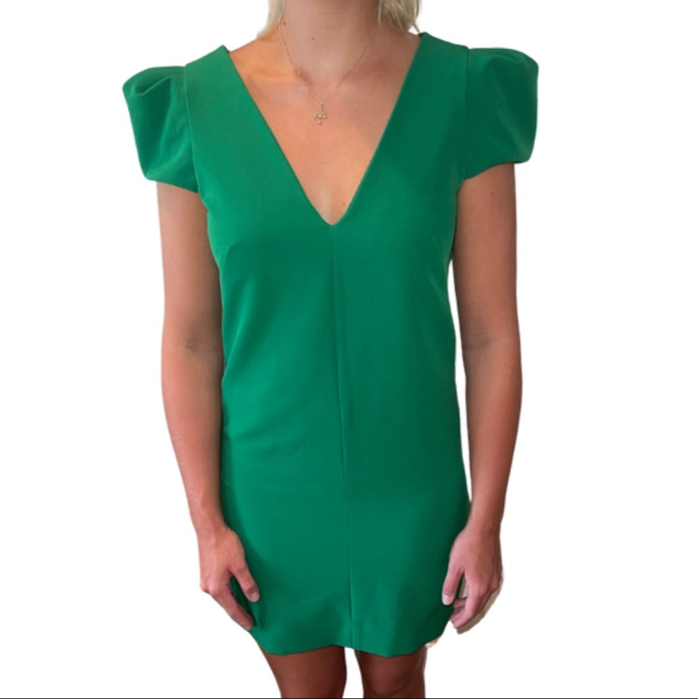 MILLY Deep V Neck Puff/Cap Sleeve Mini Dress in Green